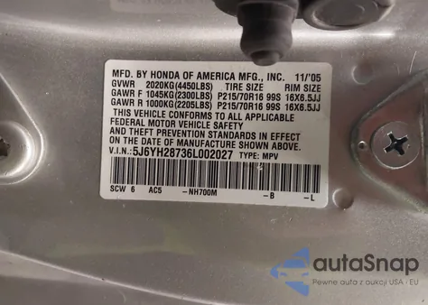 2006 Honda Element Ex-P z USA, uszkodzony, nr VIN 5J6YH28736L002027